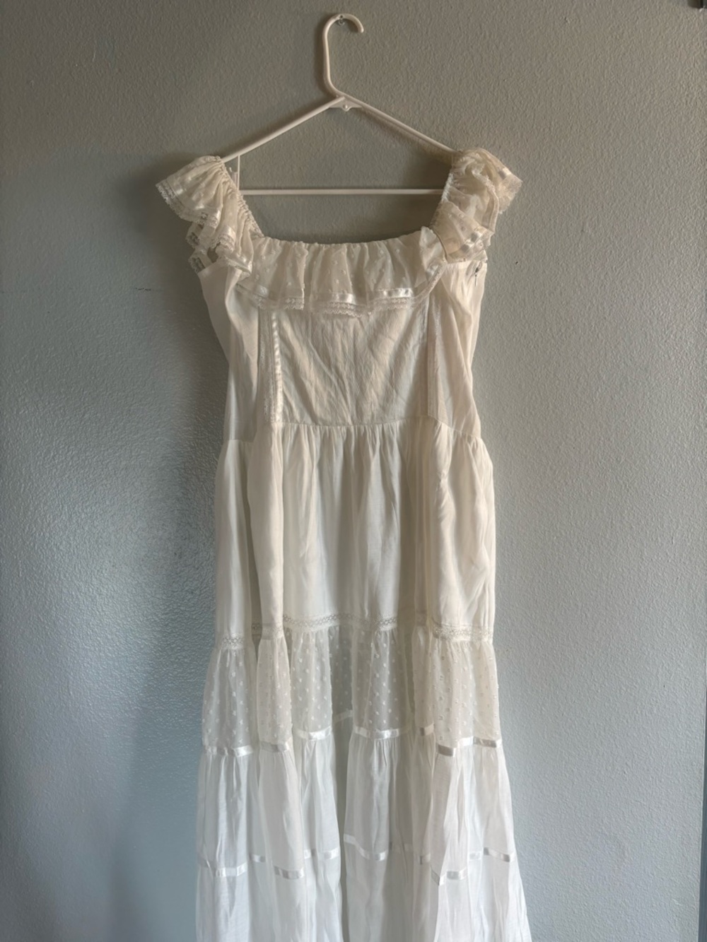 Eden Square Neck Ruffle Trim High Waist Midi Dress with Sheer Tiered Skirt - Picture 5 of 5